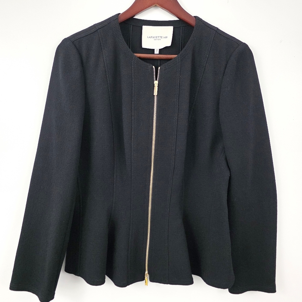 Lafayette 148 Blazer Zip Peplum Jacket Women's Business SZ 4 Black 100% Wool